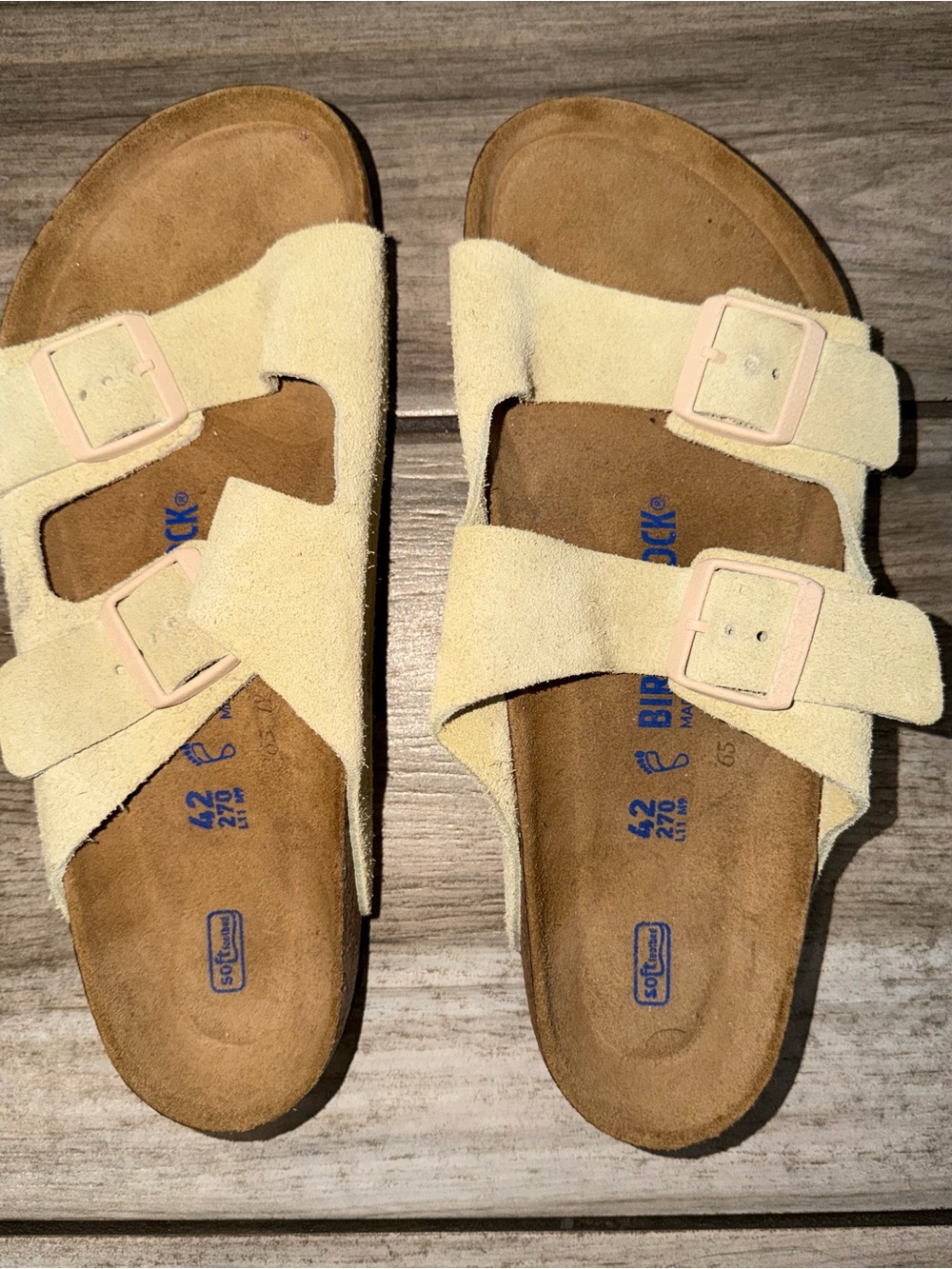 Birkenstock Arizona Cream Suede Double Strap Sandals with Pale Buckles